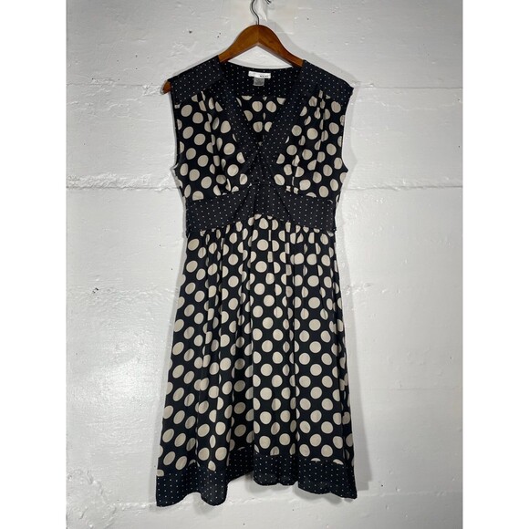 Black White Polka Dot Silk Dress Sleeveless Knee Length Tie Waist Saks Size 6 - Picture 2 of 12